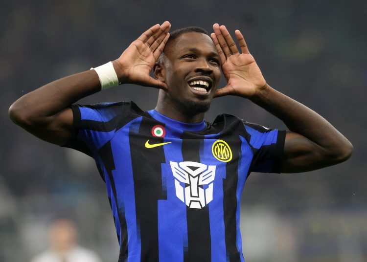 Milan (Italy), 09/12/2023.- Inter Milan'Äôs Marcus Thuram jubilates after scoring goal of 3-0 during the Italian serie A soccer match between Fc Inter and Udinese Giuseppe Meazza stadium in Milan, Italy, 09 December 2023. (Italia) EFE/EPA/MATTEO BAZZI