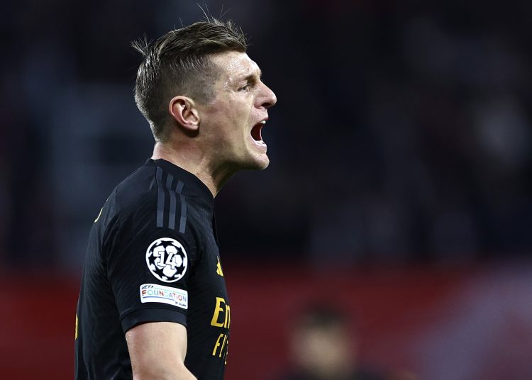 Leipzig (Germany), 13/02/2024.- Real Madrid'Äôs Toni Kroos reacts during the UEFA Champions League Round of sixteen first leg soccer match between RB Leipzig and Real Madrid in Leipzig, Germany, 13 February 2024. (Liga de Campeones, Alemania) EFE/EPA/FILIP SINGER