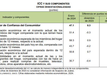 El Indicador de Confianza del Consumidor se ubicó en 47.1 puntos durante enero 2024