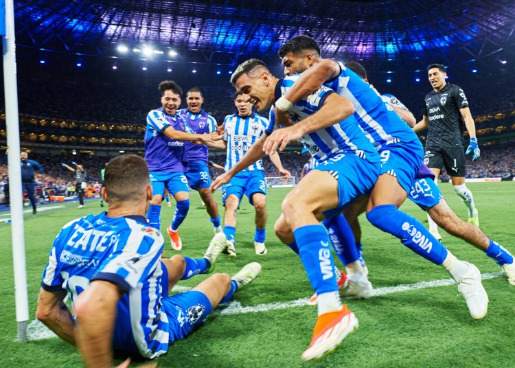 German Berterame celebrates his goal 3-3 of Monterrey  during the 15th round match between Monterrey an Tigres UANL as part of the Torneo Clausura 2024 Liga BBVA MX at BBVA Bancomer Stadium on April 13, 2024 in Monterrey, Nuevo Leon, Mexico.