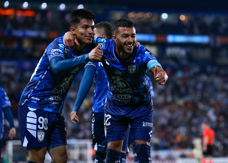 Miguel Rodriguez celebrates his goal 1-0 with Gustavo Cabral of Pachuca during the semifinals second leg match between Pachuca and America as part of the CONCACAF Champions Cup 2024, at Hidalgo Stadium on April 30, 2024 in Pachuca, Hidalgo, Mexico.