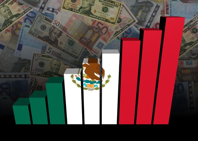 Mexican flag bar chart over dollars and Euros background illustration