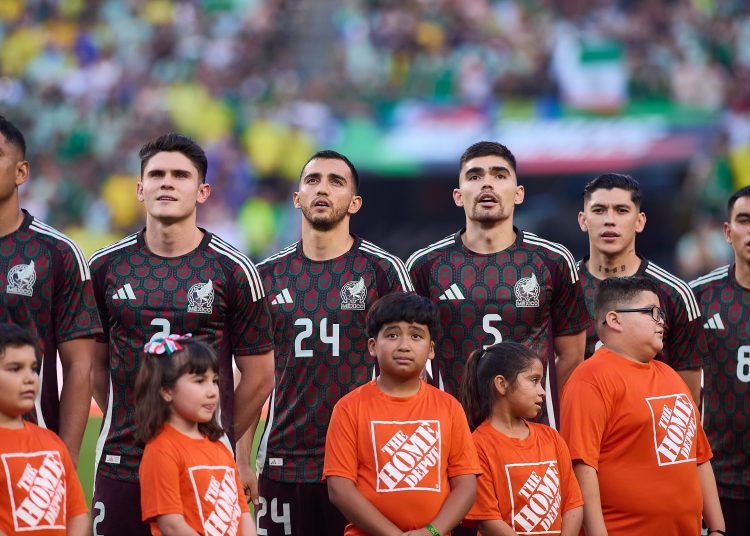 Israel Reyes, Luis Chavez, Johan Vasquez, Gerardo Arteaga of Mexico during the game international friendly between Mexican National team (Mexico) and Brazil at Kyle Field Stadium, on June 08, 2024, College Station, Texas, United States.