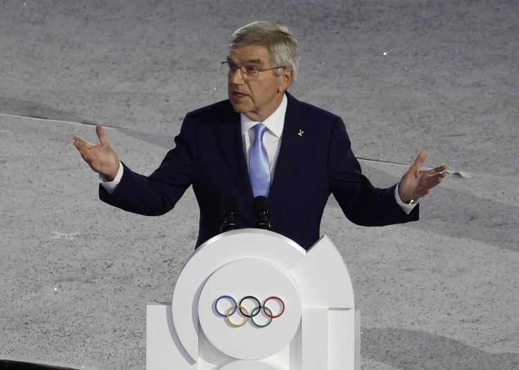 Paris (France), 11/08/2024.- IOC president Thomas Bach speaks
during the Closing Ceremony of the Paris 2024 Olympic Games at the Stade de France Stadium in Paris, France, 11 August 2024. (Francia) EFE/EPA/MAST IRHAM
