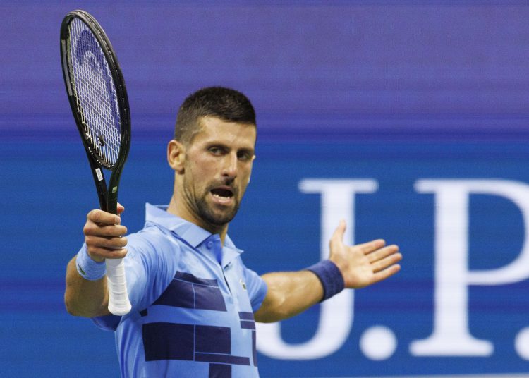 Flushing Meadows (United States), 28/08/2024.- Novak Djokovic of Serbia gestures after winning a point against Laslo Djere of Serbia during their second round match of the US Open Tennis Championships at the USTA Billie Jean King National Tennis Center in Flushing Meadows, New York, USA, 28 August 2024. The US Open tournament runs from 26 August through 08 September. (Tenis, Nueva York) EFE/EPA/CJ GUNTHER