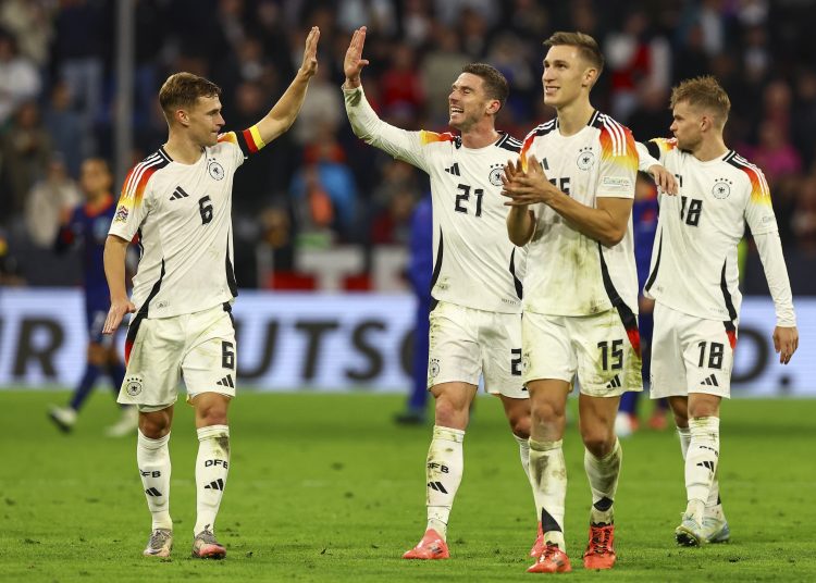 Munich (Germany), 14/10/2024.- Germany players celebrate after winning the UEFA Nations League group soccer match between Germany and Netherlands, in Munich, Germany, 14 October 2024. (Alemania, Países Bajos; Holanda) EFE/EPA/FILIP SINGER