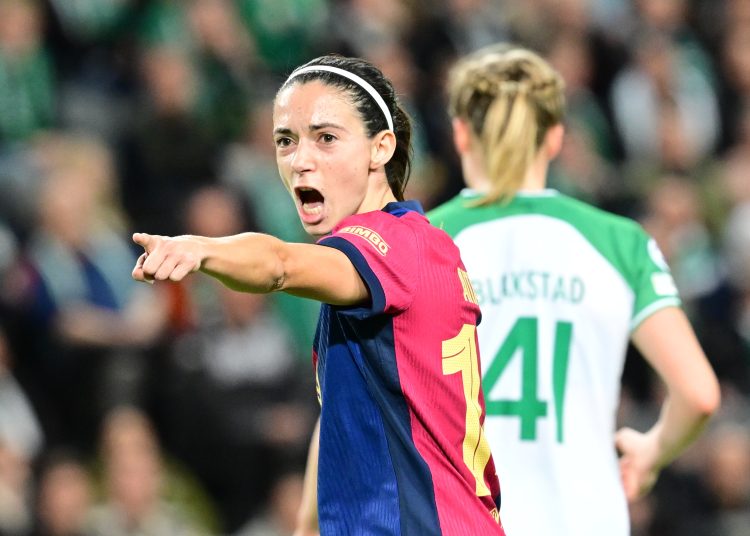 Stockholm (Sweden), 12/12/2024.- Barcelona's Aitana Bonmati celebrates after scoring the 3-0 lead during the UEFA Women's Champions League soccer match between Hammarby IF and FC Barcelona at Stockholm Arena in Stockholm, Sweden, 12 December 2024. (Liga de Campeones, Suecia, Estocolmo) EFE/EPA/Jonas Ekstromer SWEDEN OUT SWEDEN OUT