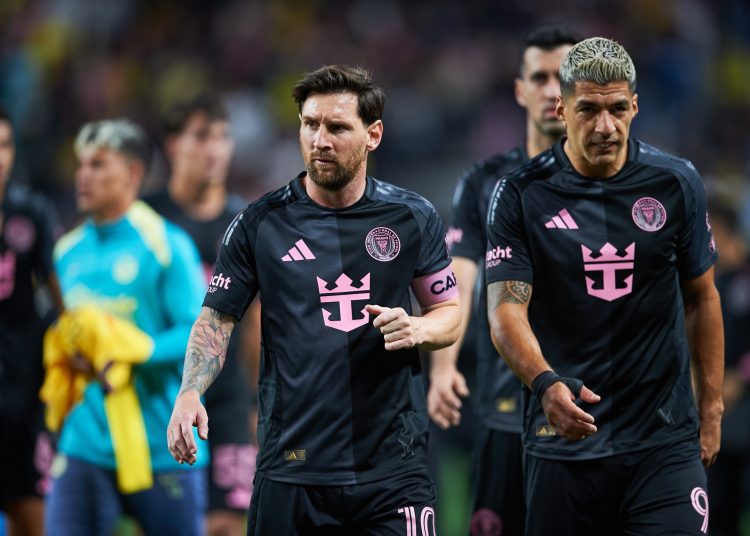 Lionel Messi and Luis Suarez of Inter Miami during the match between Inter Miami and America as part of the friendly match, at Allegiant Stadium on January 18, 2025 in Las Vegas, Nevada, United States.