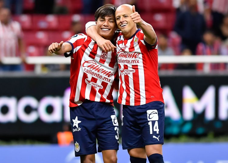 Javier Chicharito Hernandez celebrates his goal 2-0 with Jonathan Yael Padilla of Guadalajara during the round one second leg match between Guadalajara and Cibao FC as part of the CONCACAF Champions Cup 2025, at Akron Stadium on February 12, 2025 in Guadalajara, Jalisco, Mexico.