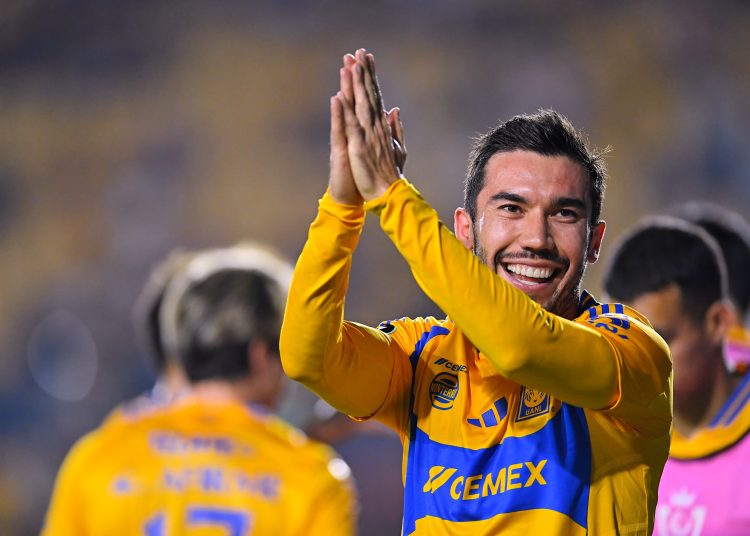 Juan Pablo Vigon celebrates his goal 3-0 of Tigres during the round one second leg match between Tigres UANL and Real Esteli as part of the CONCACAF Champions Cup 2025, at Universitario Stadium on February 12, 2025 in Monterrey, Nuevo Leon, Mexico.