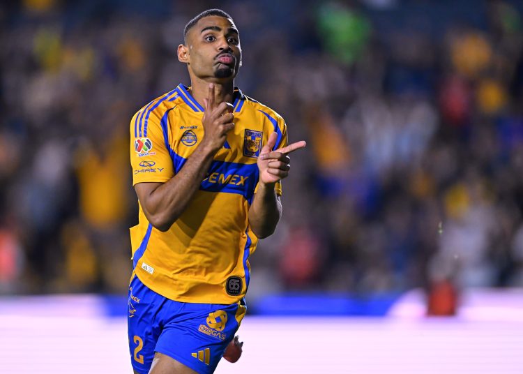 Joaquim Pereira celebrates his goal 2-0 of Tigres during the 7th round match between Tigres UANL and Cruz Azul as part of the Liga BBVA MX, Torneo Clausura 2025 at Universitario Stadium, on February 15, 2025 in Monterrey, Nuevo Leon, Mexico.