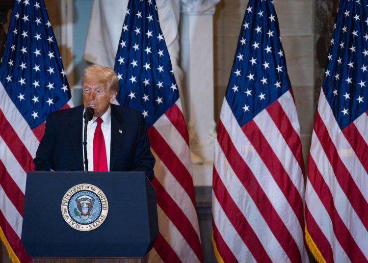 WASHINGTON (United States), 06/02/2025.- US President Donald J. Trump speaks during the National Prayer Breakfast at the US Capitol in Washington, DC, USA, 06 February 2025. President Trump has directed staff at the Education Departments Office for Civil Rights to aggressively pursue complaints involving antisemitism.  EFE/EPA/MAANSI SRIVASTAVA