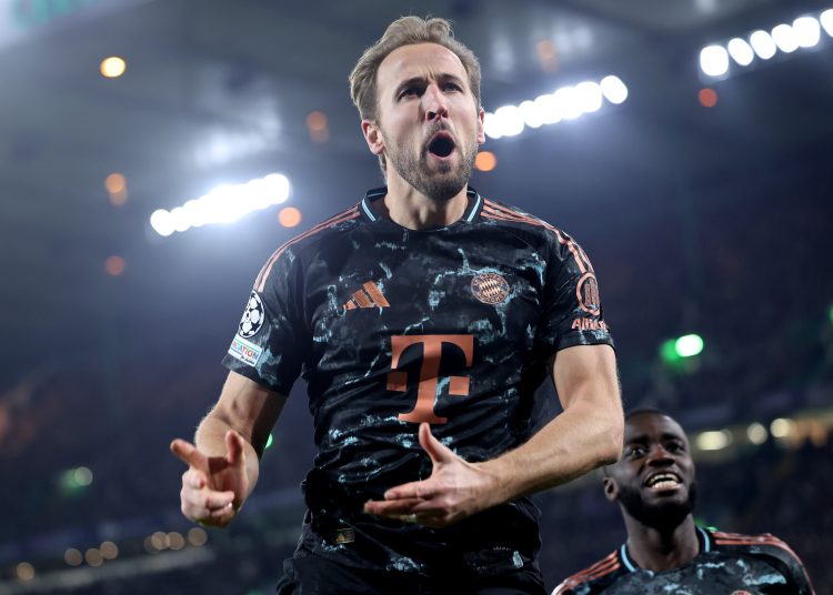 GLASGOW (United Kingdom), 12/02/2025.- Harry Kane of Bayern celebrates after scoring his team's second goal during the UEFA Champions League knockout phase play-offs 1st leg match between Celtic FC and FC Bayern Munich, in Glasgow, Britain, 12 February 2025. (Liga de Campeones, Reino Unido) EFE/EPA/ROBER PERRY