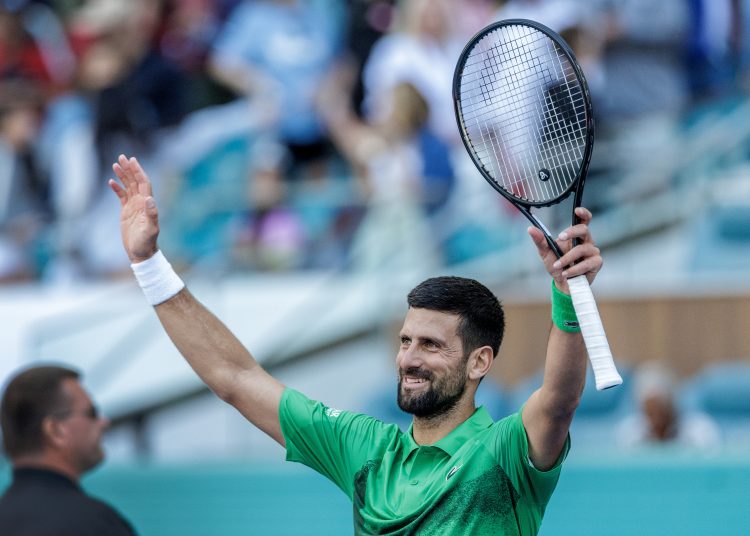 MIAMI (United States), 21/03/2025.- Novak Djokovic of Serbia celebrates winning his Mens Singles 2nd round match at the 2025 Miami Open tennis tournament, in Miami, Florida, USA, 21 March 2025. (Tenis) EFE/EPA/CRISTOBAL HERRERA-ULASHKEVICH