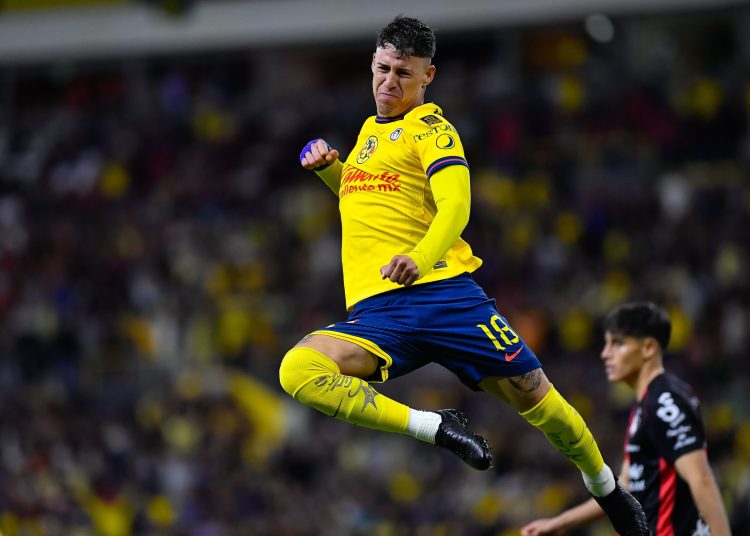 Cristian Calderon celebrates his goal 0-2 of America during the 12th round match between Atlas and America as part of the Liga BBVA MX, Torneo Clausura 2025 at Jalisco Stadium, on March 15, 2025 in Guadalajara, Jalisco, Mexico.