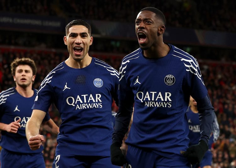 LIVERPOOL (United Kingdom), 11/03/2025.- Ousmane Dembele (R) of PSG celebrates after scoring the opening goal during the UEFA Champions League Round of 16, 2nd leg soccer match between Liverpool FC and Paris Saint-Germain, in Liverpool, Britain, 11 March 2025. (Liga de Campeones, Reino Unido) EFE/EPA/ADAM VAUGHAN