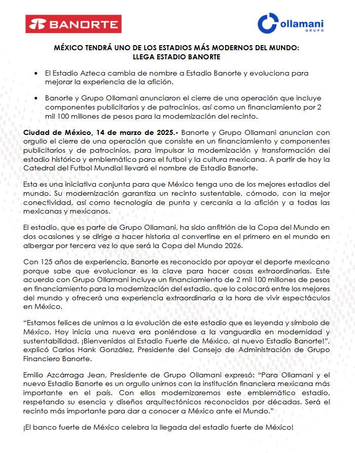 Anuncio del cambio de nombre del Estadio Azteca