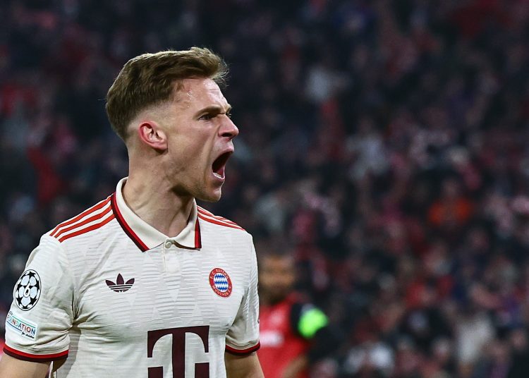 MUNICH (Germany), 05/03/2025.- Joshua Kimmich of Bayern gestures during the UEFA Champions League Round of 16, 1st leg soccer match between FC Bayern Munich and Bayer 04 Leverkusen, in Munich, Germany, 05 March 2025. (Liga de Campeones, Alemania) EFE/EPA/ANNA SZILAGYI
