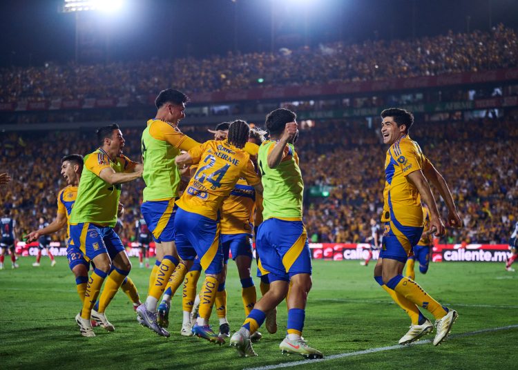 Francisco Sebastian Cordova celebrates his goal 1-1 of Tigres during the 15th round match between Tigres UANL and Monterrey as part of the Liga BBVA MX, Torneo Clausura 2025 at Universitario Stadium, on April 12, 2025 in Monterrey, Nuevo Leon, Mexico.