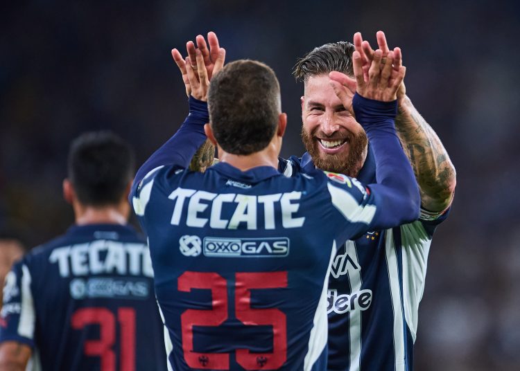 Nelson Deossa celebrates his goal 1-0 with Sergio Ramos of Monterrey during the 16th round match between Monterrey and America as part of the Liga BBVA MX, Torneo Clausura 2025 at BBVA Bancomer Stadium, on April 16, 2025 in Monterrey, Nuevo Leon, Mexico.