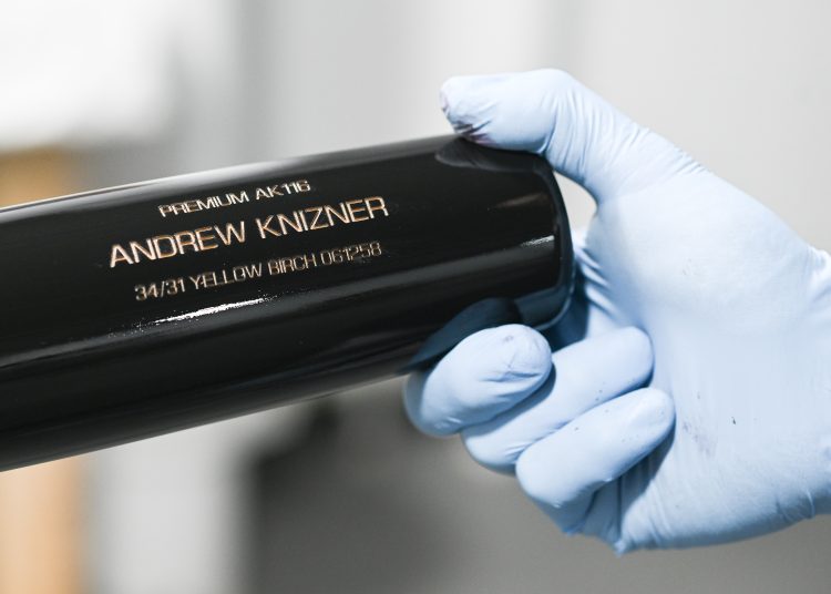 QUEBEC CITY (Canada), 07/04/2025.- The name of Andrew Knizner of the Washington Nationals is shown on a Torpedo bat at the B45 Baseball factory, a baseball equipment manufacturing company that specializes in making the newly popular 'torpedo bat', in Quebec City, Canada, 07 April 2025. The company has been making yellow birch bats for 20 years and has seen a rise in interest in the torpedo-shaped bats, which are designed with more of the bat's mass closer to a batter's hands, following a spike in usage by Major League Baseball player at the start of this season. EFE/EPA/GRAHAM HUGHES