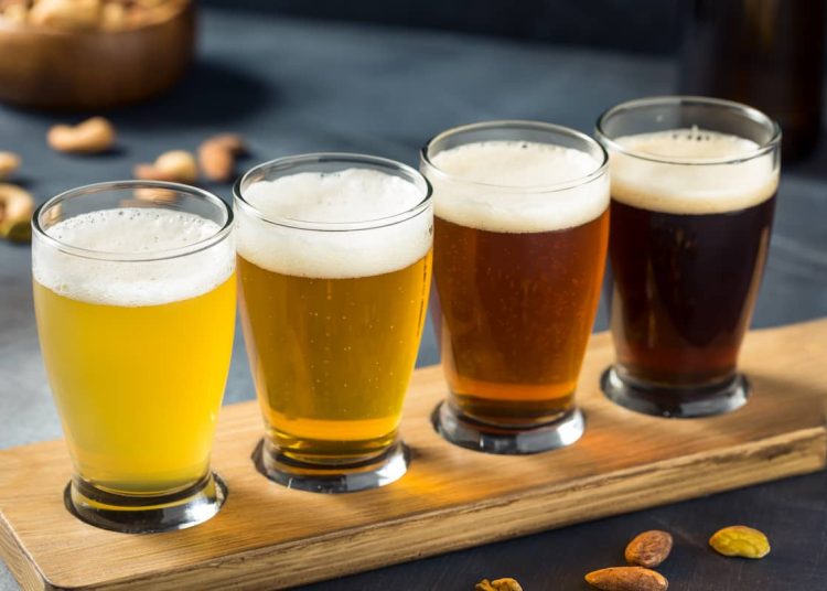 Boozy Refreshing Cold Beer Flight with Beer Nuts