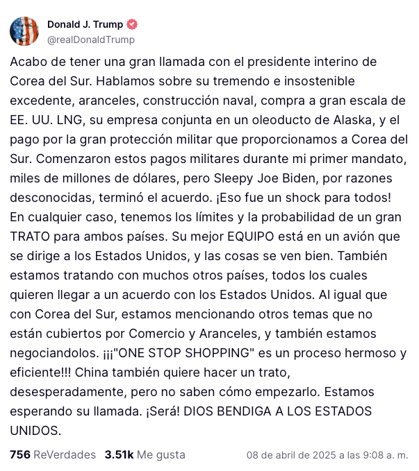 Trump habla con el presidente surcoreano de aranceles