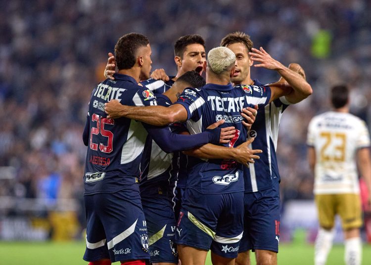 German Berterame celebrates his goal 1-0 of Monterrey during the Play-In round match between Monterrey and Pumas UNAM as part of the Liga BBVA MX, Torneo Clausura 2025 at BBVA Bancomer Stadium on May 04, 2025 in Monterrey, Nuevo Leon, Mexico.