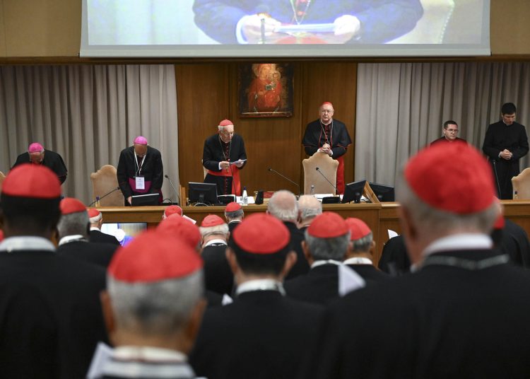 CIUDAD DEL VATICANO, 28/04/2025.-Varios cardenales aseguraron que este lunes se fijará la fecha para el inicio del cónclave en el que se elegirá al sucesor de Francisco mientras se dirigían a la quinta congregación general, en la imagen, las reuniones en las que los purpurados que entrarán en la Capilla Sixtina se van conociendo y concretando un perfil para el próximo pontífice. Estado Vaticano/Mario Tomassetti