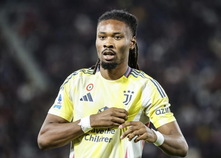 BOLOGNA (Italy), 04/05/2025.- Juventus' Khephren Thuram celebrates after scoring the 1-0 lead during the Italian Serie A soccer match Bologna FC vs Juventus FC at Renato Dall'Ara stadium in Bologna, Italy, 04 May 2025. (Italia) EFE/EPA/ELISABETTA BARACCHI