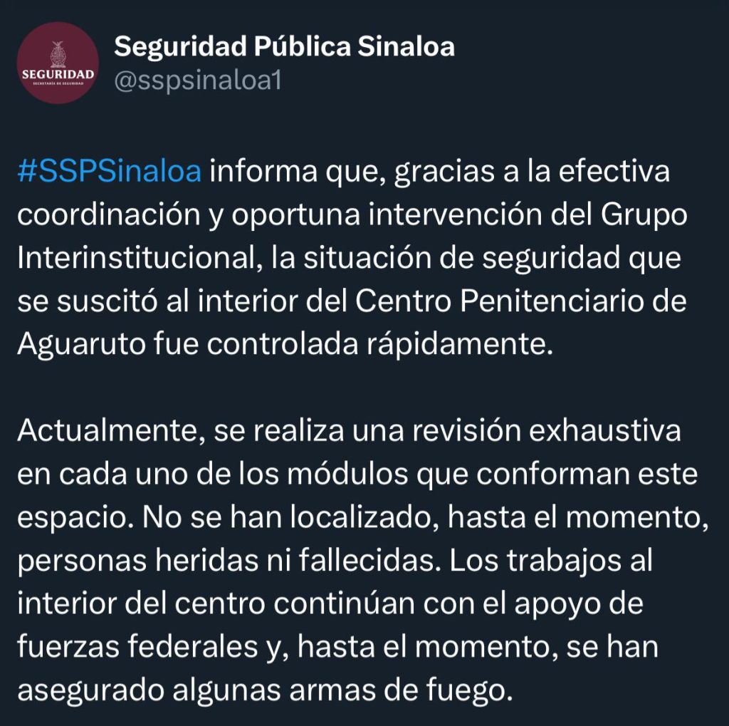 Se registra intenso enfrentamiento en penal de Culiacán