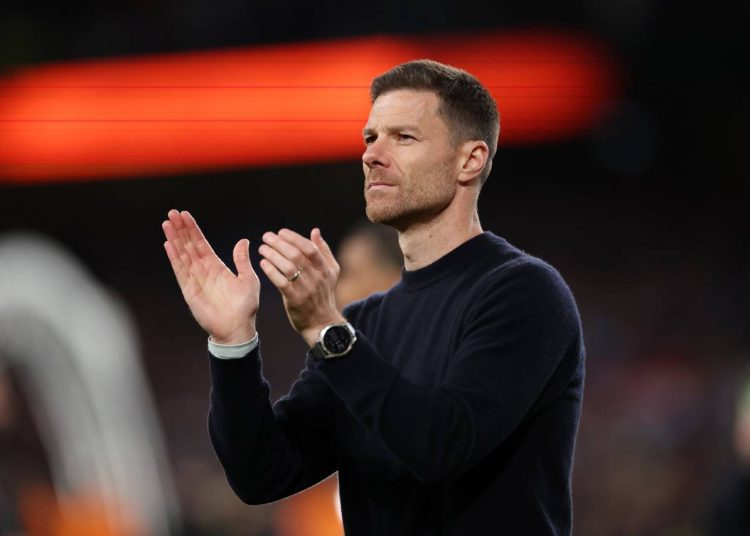 DUBLIN, IRELAND - MAY 22: Xabi Alonso, Head Coach of Bayer 04 Leverkusen, applauds the fans after the team's defeat in the UEFA Europa League 2023/24 final match between Atalanta BC and Bayer 04 Leverkusen at Dublin Arena on May 22, 2024 in Dublin, Ireland. (Photo by Alex Grimm/Getty Images)
