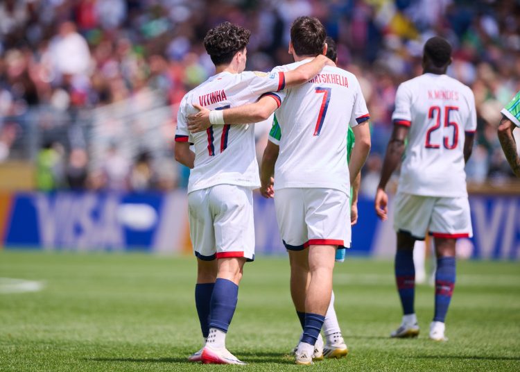 Khvicha Kvaratskhelia celebrates his goal 0-1 of Paris Sanith Germain with Vitinha  during the FIFA Club World Cup 2025 Group - B match between Seattle Sounders and Paris Saint-Germain at Lumen Field Stadium on June 23, 2025 in Seattle, Washington, United States.