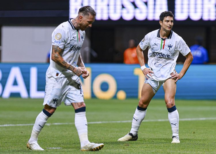 Sergio Ramos and John Stefan Medina of Monterrey during the FIFA Club World Cup 2025 round of 16 match between Borussia Dortmund and CF Monterrey at Mercedes-Benz Stadium on July 01, 2025 in Atlanta, Georgia, United States.