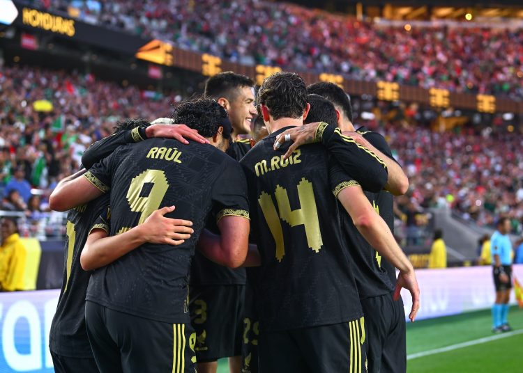 Edson Alvarez celebrates his goal 2-0 with Raul Jimenez and Gilberto Mora of Mexico during the Semi Finals match between Mexico (Mexican National Team) and Honduras as part of the 2025 CONCACAF Gold Cup at Levis Stadium, on July 02, 2025 in Santa Clara, California, United States.