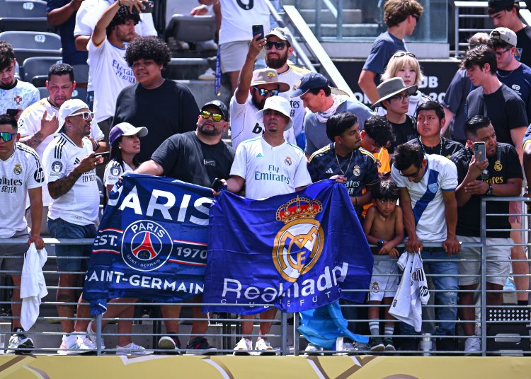 Fans o Aficion during the FIFA Club World Cup 2025 Semi Finals match between Paris Saint-Germain and Real Madrid C.F. at MetLife Stadium on July 09, 2025 in East Rutherford, New Jersey, United States..