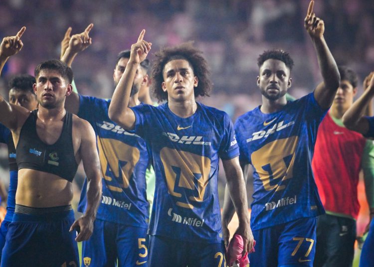 Pablo Monroy, Ruben Duarte, Adalberto Carrasquilla, Alvaro Angulo of Pumas during the match between  Inter Miami and Pumas UNAM as part of Phase One of the Leagues Cup 2025 at Chase Stadium on August 06, 2025 in Miami, Florida, United States.