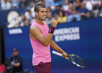 Carlos Alcaraz of Spain gestures after winning a point against Arthur Rinderknech