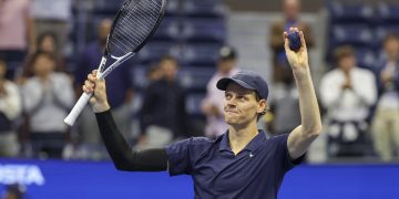 Jannik Sinner of Italy reacts to winning his match against