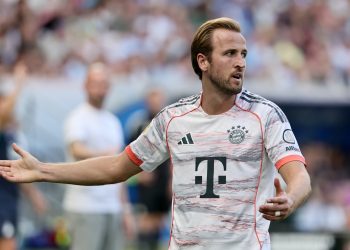 Harry Kane of Bayern Munich reacts during the German Bundesliga soccer match between