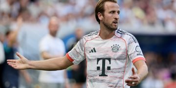 Harry Kane of Bayern Munich reacts during the German Bundesliga soccer match between