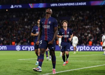 Nuno Mendes of PSG celebrates after scoring a goal during the UEFA Champions League