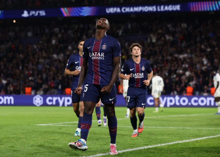 Nuno Mendes of PSG celebrates after scoring a goal during the UEFA Champions League