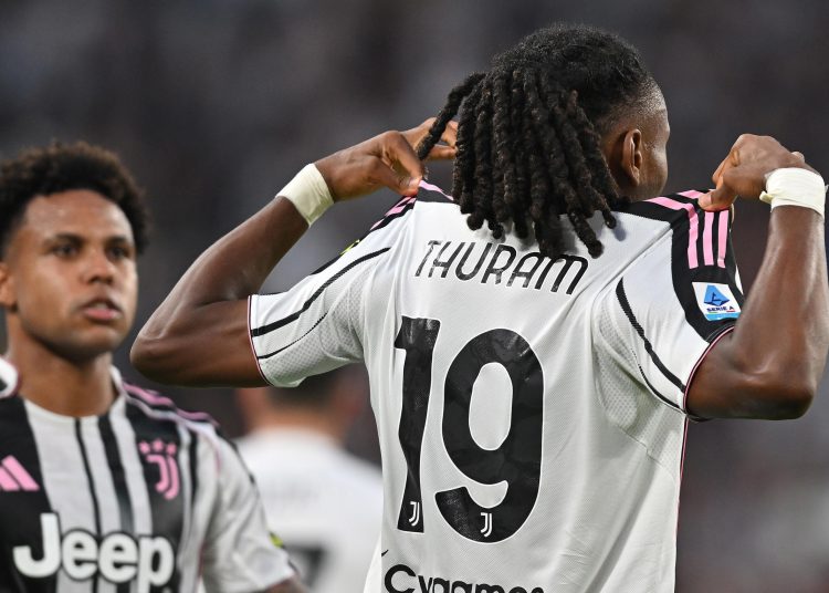 Juventus' Khephren Thuram celebrates after scoring the 3-3 goal during