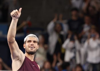 Carlos Alcaraz of Spain celebrates after winning his semifinal match against Casper Ruud