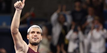 Carlos Alcaraz of Spain celebrates after winning his semifinal match against Casper Ruud
