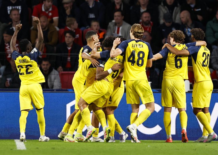 - Players of Royale Union Saint-Gilloise celebrate scoring the 0-3 goal during