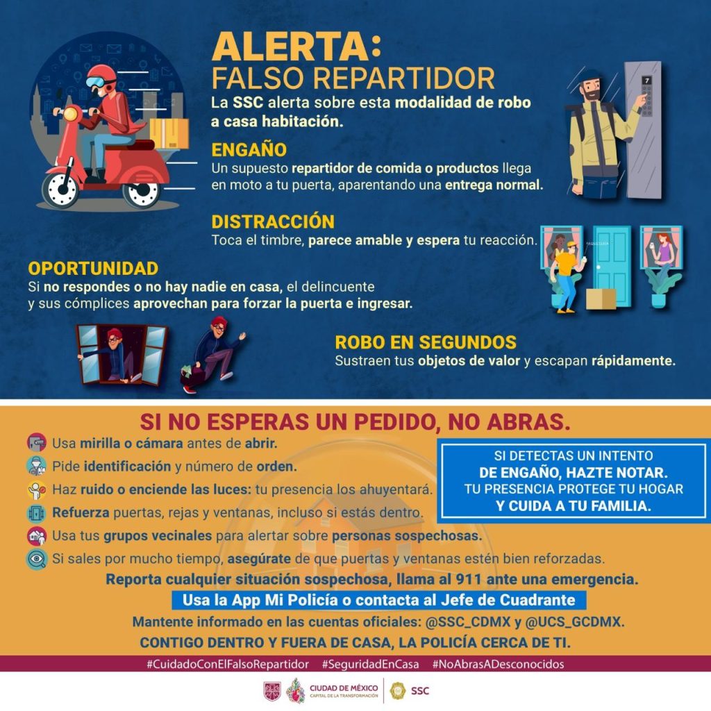 Cartel de alerta sobre modalidad de robo “Falso Repartidor” en CDMX