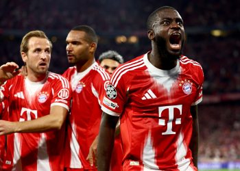 Dayot Upamecano of Munich celebrates after a own goal by Chelsea during the UEFA Champions League league phase match between Bayern Munich