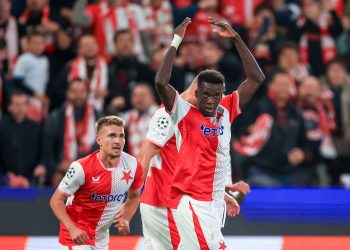 Youssoupha Mbodji of Slavia celebrates after scoring the 2-0 goal during the UEFA Champions League match between Slavia Praha and FK Bodo/Glimt